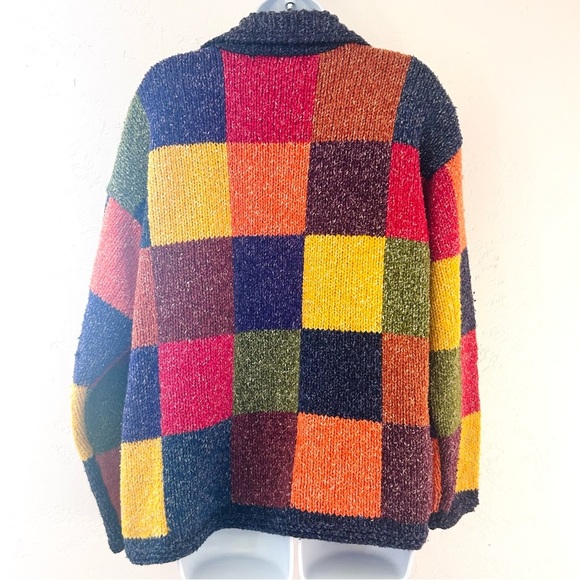 Invisible World Juneau Alaska Handknit Rainbow Patchwork Cotton Wool Zip Sweater - Picture 7 of 10